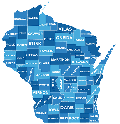 Map of Wisconsin showing counties