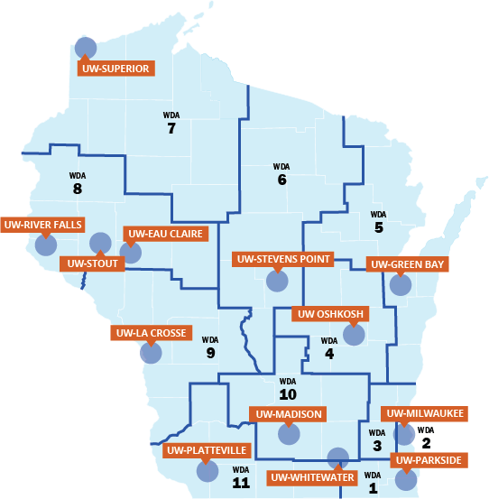  WDA map with DVR Liaison List for UW Schools