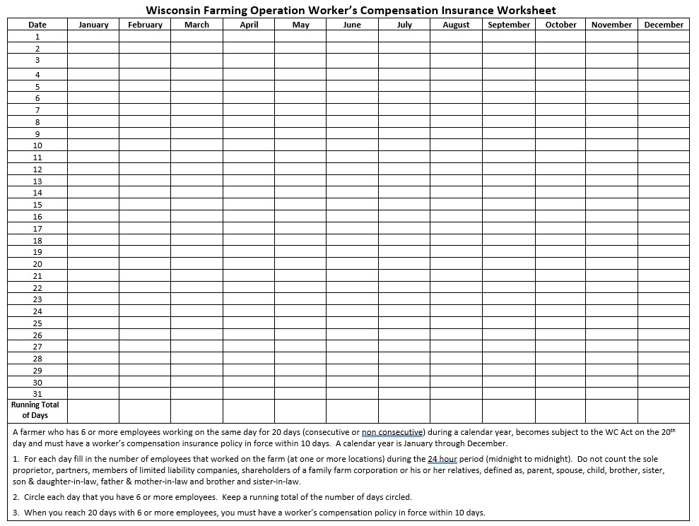 Sample - Wisconsin Farming Operation Worker's Compensation Insurance Worksheet