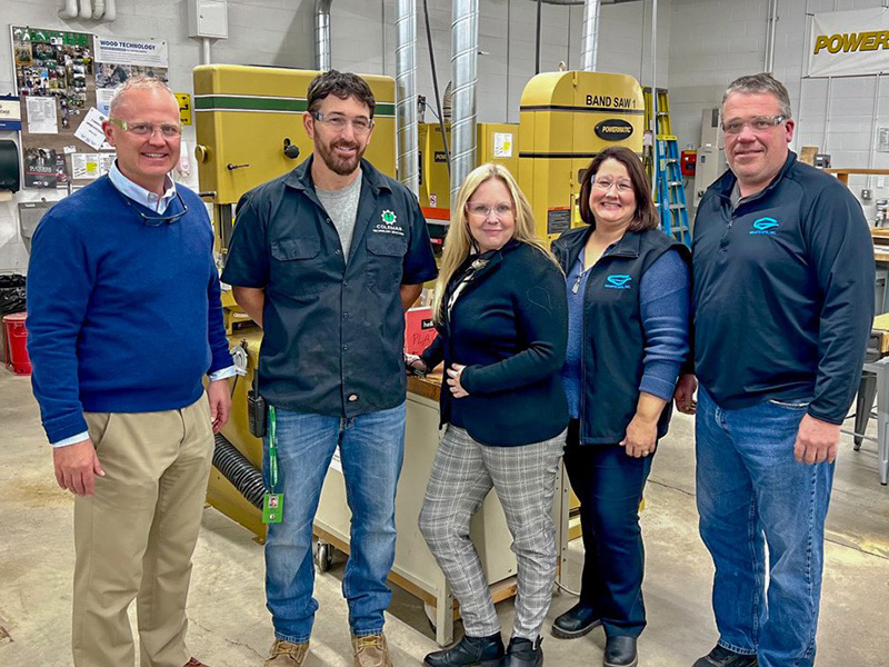 Equipment purchased in part through a Wisconsin Fast Forward Technical Education Equipment Grant is helping to train more students at Coleman High School. (Pictured L-R): Coleman High School Principal Douglas Polomis, Tech Ed teacher Derek Tate, Department of Workforce Development Secretary-designee Amy Pechacek, Jody and Jamie Graetz with Graetz Manufacturing, during a tour of Coleman High School's technical education classrooms. 