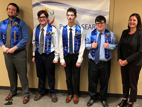 Graduates from the 2022 Sauk Prairie Healthcare Project SEARCH class pose for a photo with DWD Deputy Secretary Pam McGillivray. Left to right: Josh LaHaie, Bobby Simpson, Daniel Ranum, Corwith Alice, Pam McGillivray