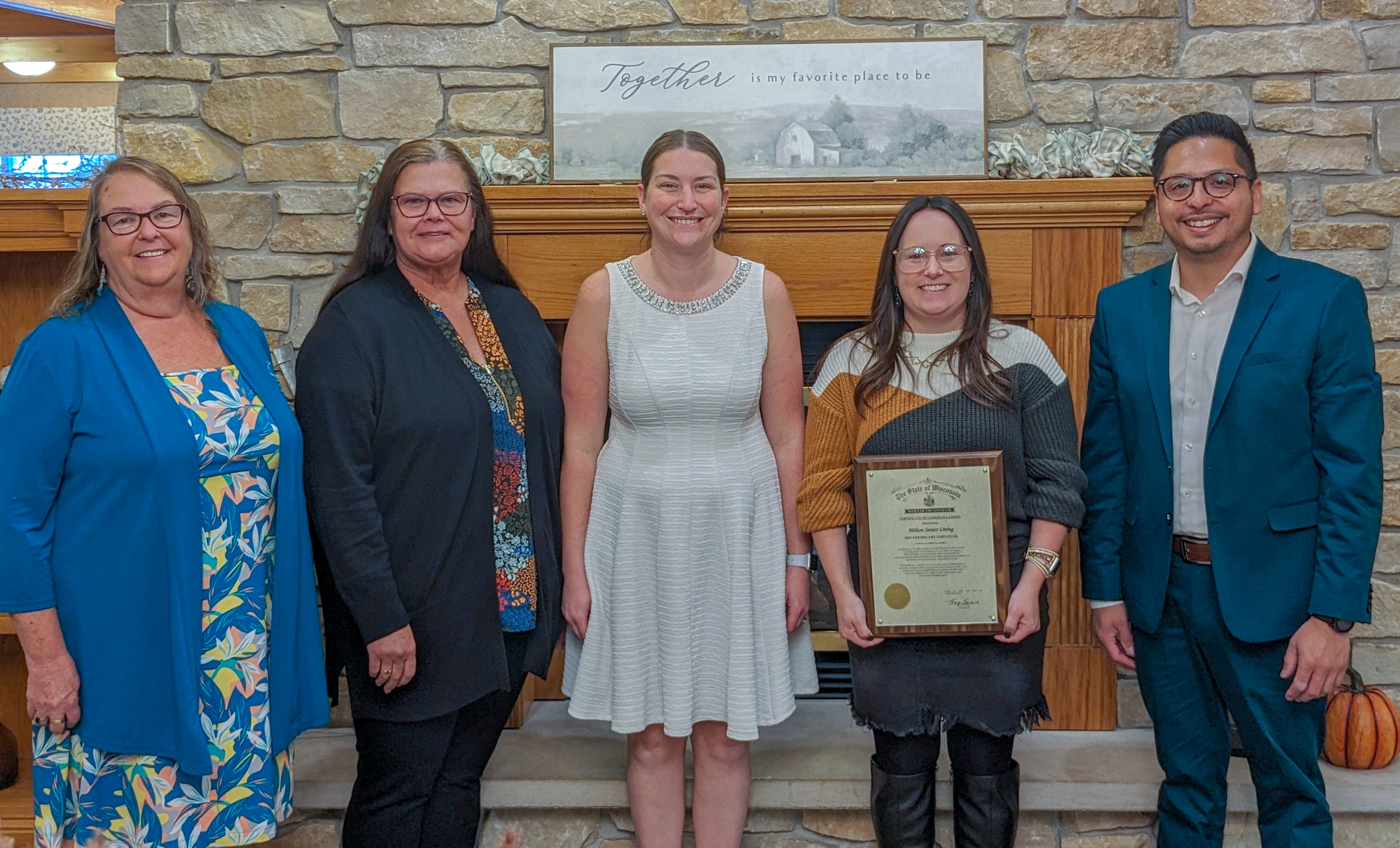 From left: Milton Senior Living Activity Director Cindy Viney, Food Service Director Linda Quinn, Wellness Coordinator Erika Hart, Executive Director Jacqueline Davila, DVR Business Services Consultant Milo Luna. 