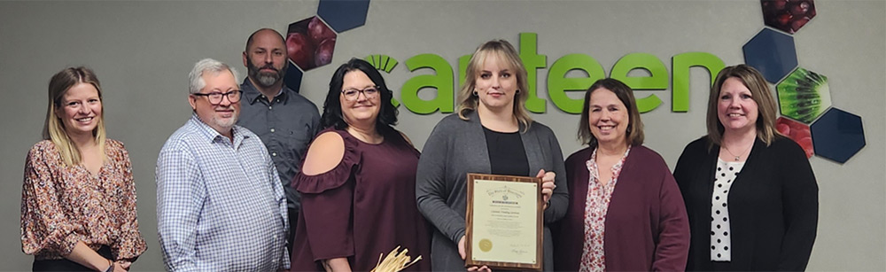 Regional leadership from Canteen and representatives from the regional workforce development area celebrate the recognition of Canteen’s efforts to hire and promote workers of all abilities. Left to right: From Workforce Development Area 4, DVR Vocational Rehabilitation Counselor Caitlin Albers and Director Craig Wehner, and from Canteen, District General Manager John Ranallo, Customer Service Manager Sara Wachtendonk, District Operations Manager Jennifer Haznedaroglu, Catering Director Sue Zdanovek, and Regional Director Jenny Schmidt. 
