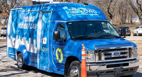 One of two new mobile career labs visits the Department of Health Services' (DHS) Central Wisconsin Center in Madison on Feb. 29, 2024.