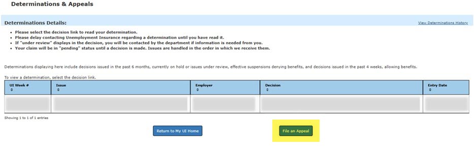 Screenshot of Determinations page and File and Appeal Button