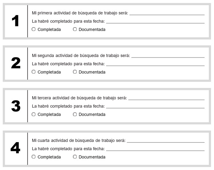 Plantilla para enumerar cada acción de búsqueda de trabajo, la fecha en que se completará y las casillas de verificación cuando se complete y documente.