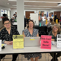 Nicole Greetan (DVR), Jen Mueller (Job Services), and Alene Helmer (OVES) at the Mini Job Fair Menasha Public Library on 9/15/2025